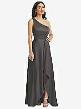 Front View Thumbnail - Caviar Gray One-Shoulder High Low Maxi Dress with Pockets