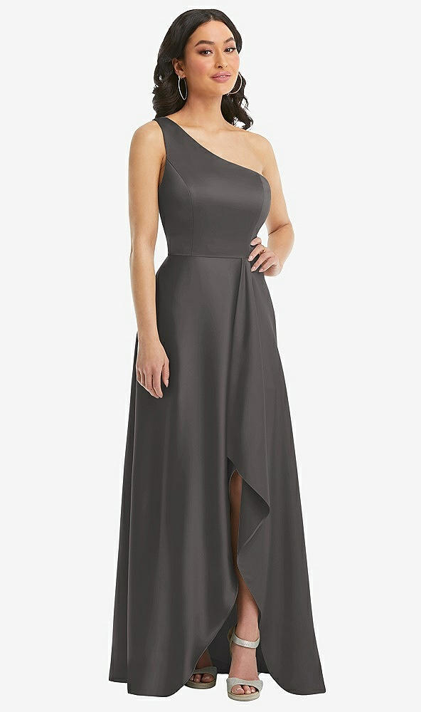 Front View - Caviar Gray One-Shoulder High Low Maxi Dress with Pockets