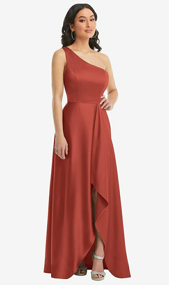 Front View - Amber Sunset One-Shoulder High Low Maxi Dress with Pockets