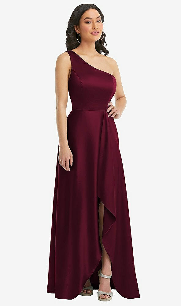 Front View - Cabernet One-Shoulder High Low Maxi Dress with Pockets