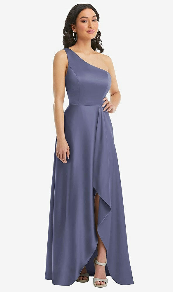 Front View - French Blue One-Shoulder High Low Maxi Dress with Pockets