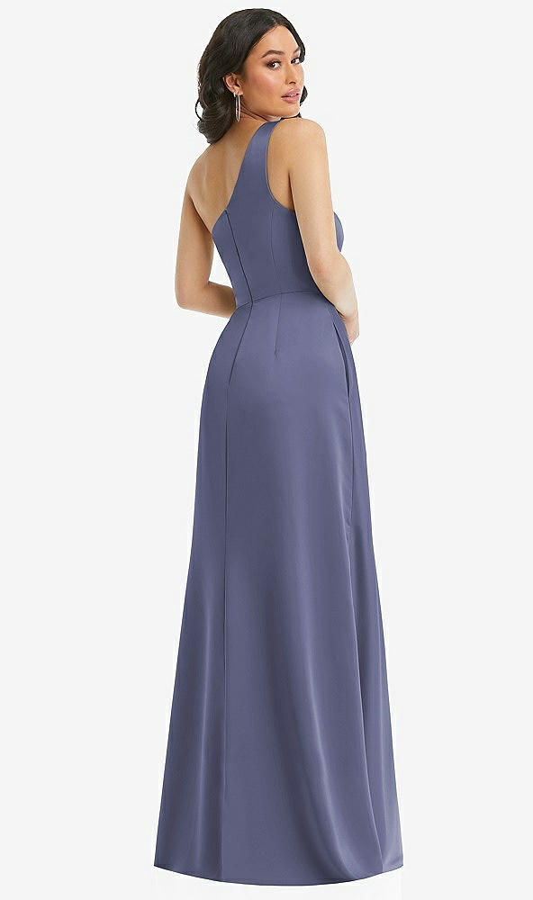 Back View - French Blue One-Shoulder High Low Maxi Dress with Pockets