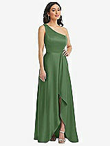Front View Thumbnail - Vineyard Green One-Shoulder High Low Maxi Dress with Pockets