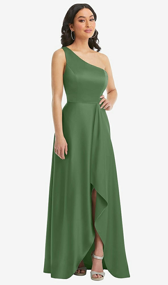Front View - Vineyard Green One-Shoulder High Low Maxi Dress with Pockets