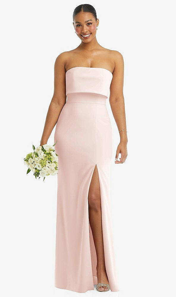 Front View - Blush Strapless Overlay Bodice Crepe Maxi Dress with Front Slit
