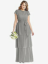 Front View Thumbnail - Chelsea Gray Flutter Sleeve Jewel Neck Chiffon Maxi Dress with Tiered Ruffle Skirt
