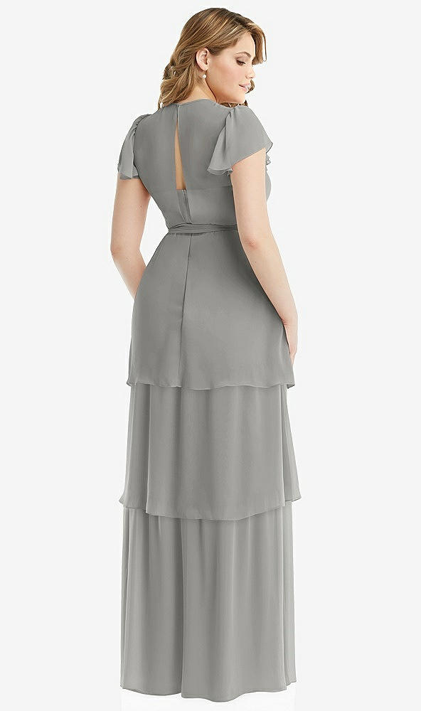 Back View - Chelsea Gray Flutter Sleeve Jewel Neck Chiffon Maxi Dress with Tiered Ruffle Skirt