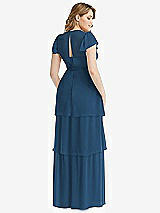Rear View Thumbnail - Dusk Blue Flutter Sleeve Jewel Neck Chiffon Maxi Dress with Tiered Ruffle Skirt
