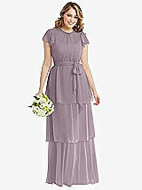 Front View Thumbnail - Lilac Dusk Flutter Sleeve Jewel Neck Chiffon Maxi Dress with Tiered Ruffle Skirt