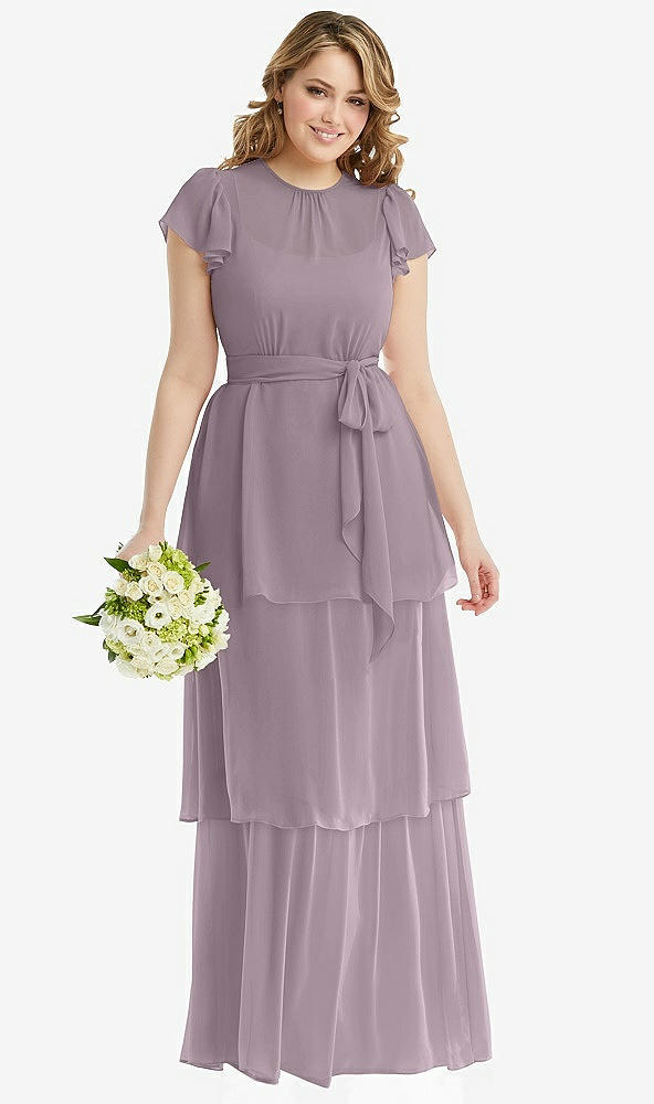 Front View - Lilac Dusk Flutter Sleeve Jewel Neck Chiffon Maxi Dress with Tiered Ruffle Skirt