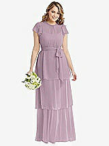 Front View Thumbnail - Suede Rose Flutter Sleeve Jewel Neck Chiffon Maxi Dress with Tiered Ruffle Skirt