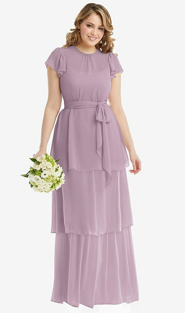 Front View - Suede Rose Flutter Sleeve Jewel Neck Chiffon Maxi Dress with Tiered Ruffle Skirt