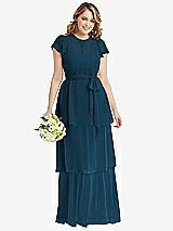 Front View Thumbnail - Atlantic Blue Flutter Sleeve Jewel Neck Chiffon Maxi Dress with Tiered Ruffle Skirt