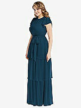Side View Thumbnail - Atlantic Blue Flutter Sleeve Jewel Neck Chiffon Maxi Dress with Tiered Ruffle Skirt