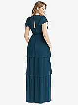 Rear View Thumbnail - Atlantic Blue Flutter Sleeve Jewel Neck Chiffon Maxi Dress with Tiered Ruffle Skirt