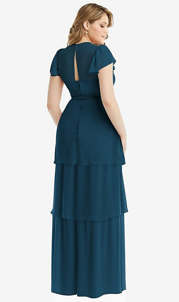 Back View - Atlantic Blue Flutter Sleeve Jewel Neck Chiffon Maxi Dress with Tiered Ruffle Skirt