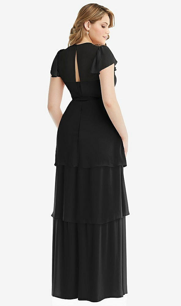 Back View - Black Flutter Sleeve Jewel Neck Chiffon Maxi Dress with Tiered Ruffle Skirt