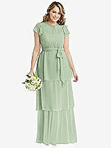 Front View Thumbnail - Celadon Flutter Sleeve Jewel Neck Chiffon Maxi Dress with Tiered Ruffle Skirt