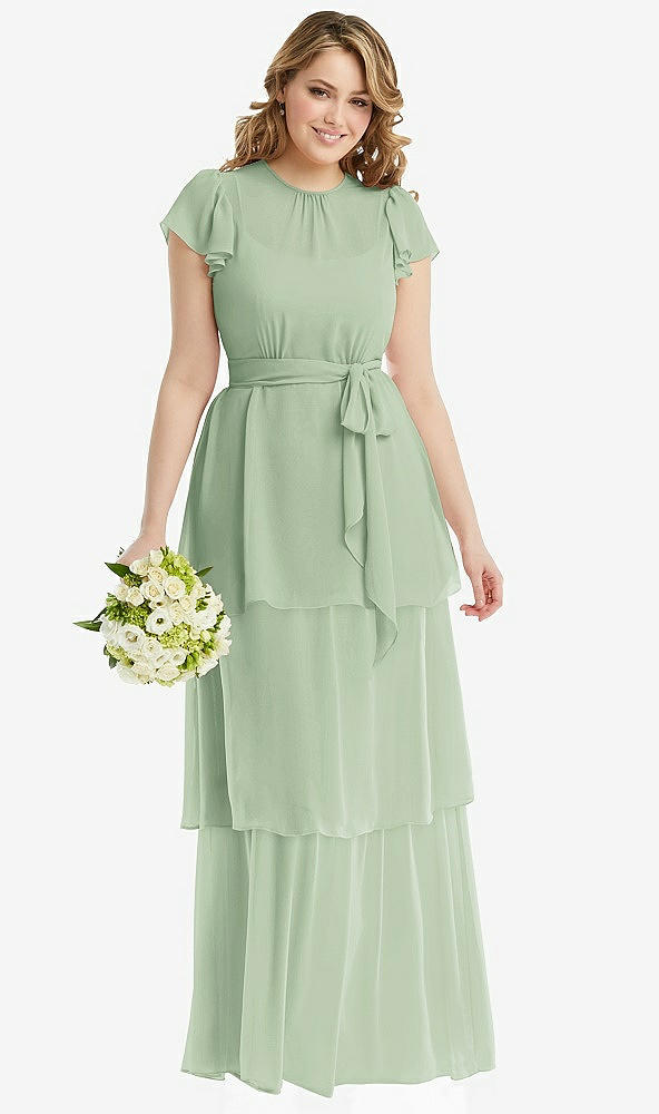 Front View - Celadon Flutter Sleeve Jewel Neck Chiffon Maxi Dress with Tiered Ruffle Skirt
