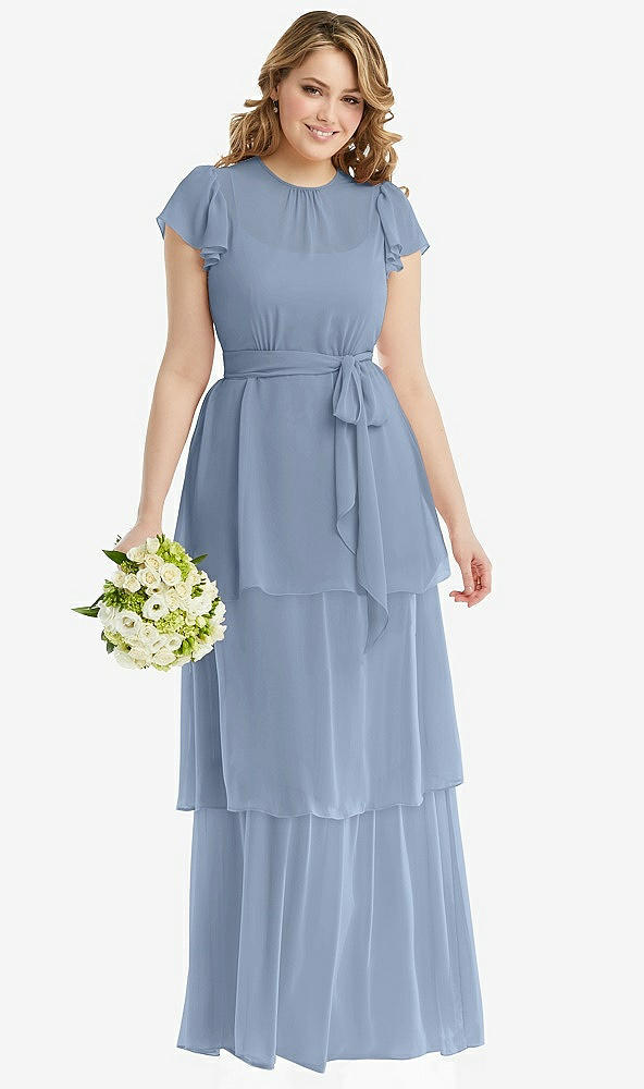 Front View - Cloudy Flutter Sleeve Jewel Neck Chiffon Maxi Dress with Tiered Ruffle Skirt