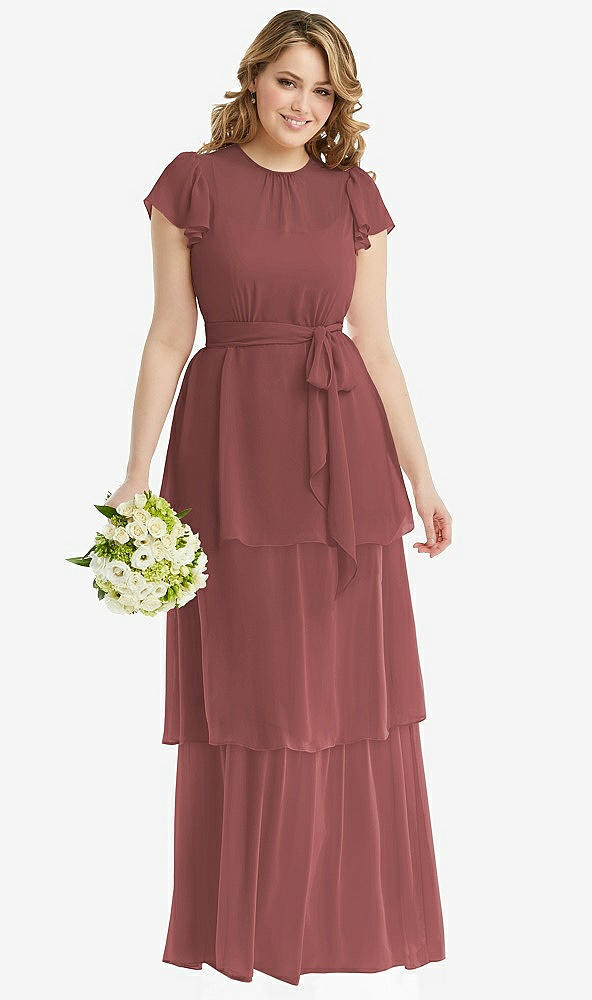 Front View - English Rose Flutter Sleeve Jewel Neck Chiffon Maxi Dress with Tiered Ruffle Skirt