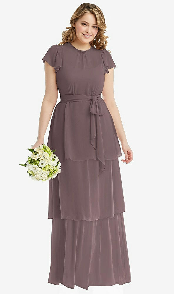 Front View - French Truffle Flutter Sleeve Jewel Neck Chiffon Maxi Dress with Tiered Ruffle Skirt
