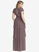 Rear View Thumbnail - French Truffle Flutter Sleeve Jewel Neck Chiffon Maxi Dress with Tiered Ruffle Skirt