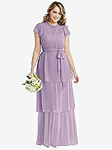 Front View Thumbnail - Pale Purple Flutter Sleeve Jewel Neck Chiffon Maxi Dress with Tiered Ruffle Skirt