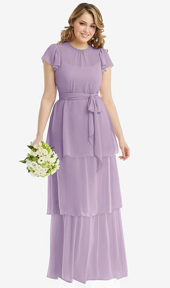 Front View - Pale Purple Flutter Sleeve Jewel Neck Chiffon Maxi Dress with Tiered Ruffle Skirt