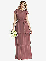 Front View Thumbnail - Rosewood Flutter Sleeve Jewel Neck Chiffon Maxi Dress with Tiered Ruffle Skirt
