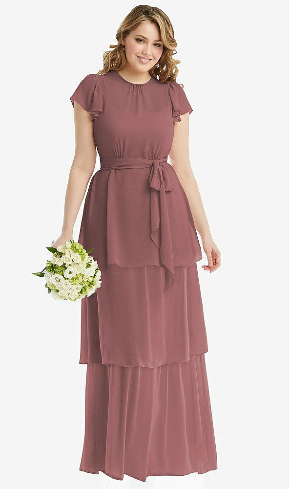 Front View - Rosewood Flutter Sleeve Jewel Neck Chiffon Maxi Dress with Tiered Ruffle Skirt