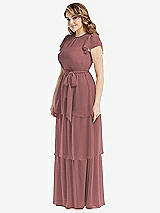 Side View Thumbnail - Rosewood Flutter Sleeve Jewel Neck Chiffon Maxi Dress with Tiered Ruffle Skirt
