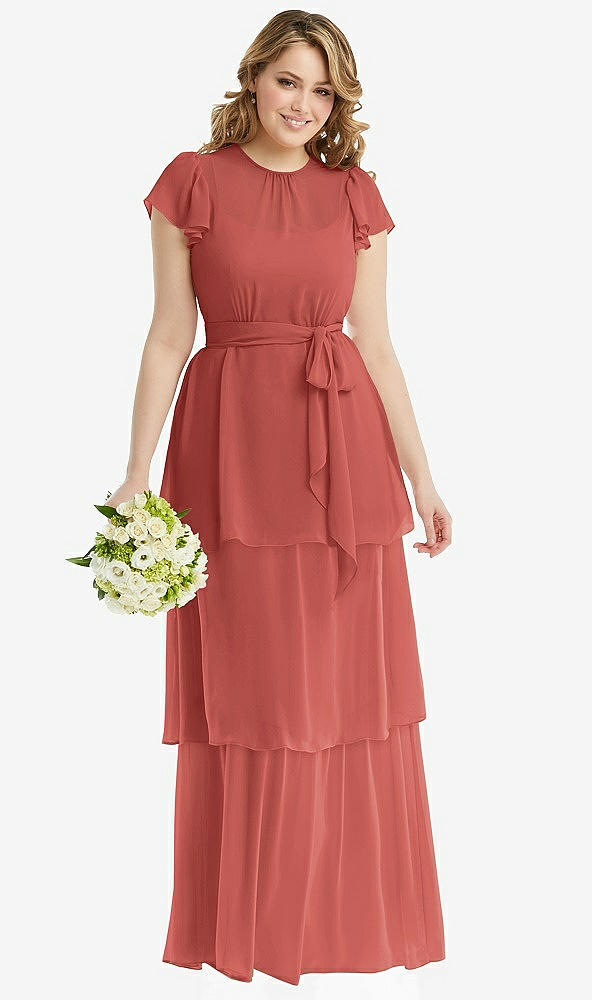 Front View - Coral Pink Flutter Sleeve Jewel Neck Chiffon Maxi Dress with Tiered Ruffle Skirt