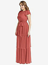 Side View Thumbnail - Coral Pink Flutter Sleeve Jewel Neck Chiffon Maxi Dress with Tiered Ruffle Skirt