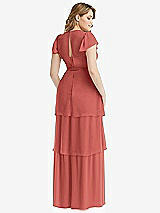 Rear View Thumbnail - Coral Pink Flutter Sleeve Jewel Neck Chiffon Maxi Dress with Tiered Ruffle Skirt