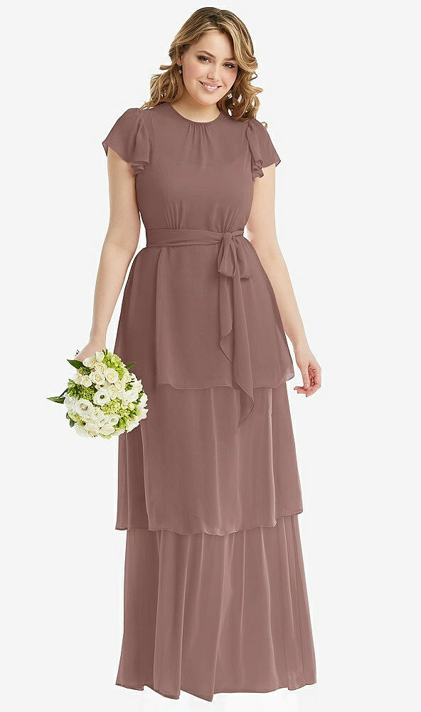 Front View - Sienna Flutter Sleeve Jewel Neck Chiffon Maxi Dress with Tiered Ruffle Skirt
