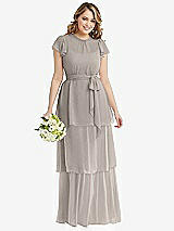 Front View Thumbnail - Taupe Flutter Sleeve Jewel Neck Chiffon Maxi Dress with Tiered Ruffle Skirt