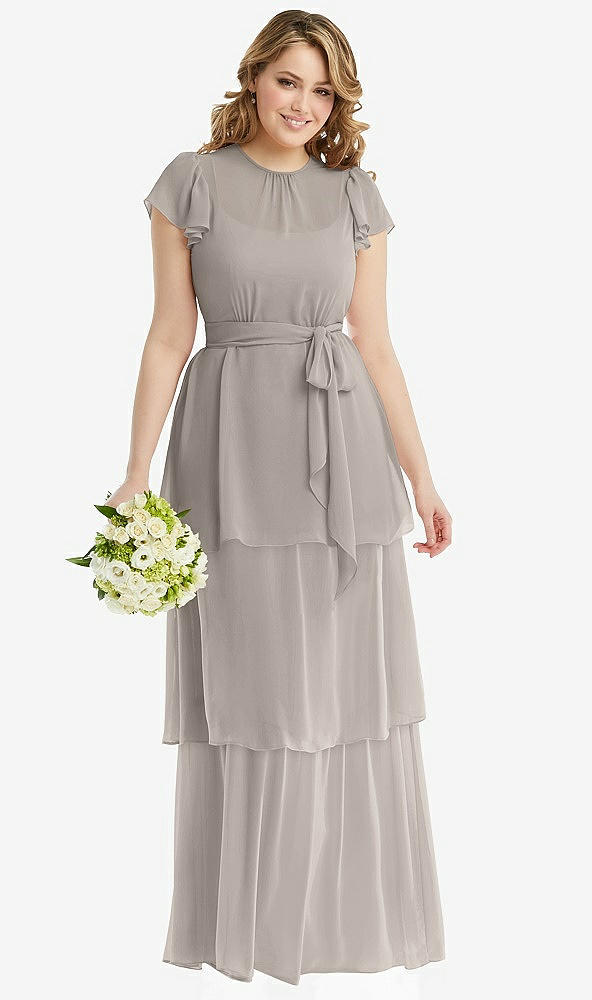Front View - Taupe Flutter Sleeve Jewel Neck Chiffon Maxi Dress with Tiered Ruffle Skirt
