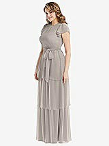 Side View Thumbnail - Taupe Flutter Sleeve Jewel Neck Chiffon Maxi Dress with Tiered Ruffle Skirt