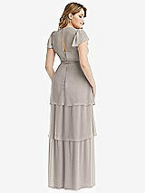 Rear View Thumbnail - Taupe Flutter Sleeve Jewel Neck Chiffon Maxi Dress with Tiered Ruffle Skirt