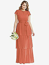 Front View Thumbnail - Terracotta Copper Flutter Sleeve Jewel Neck Chiffon Maxi Dress with Tiered Ruffle Skirt
