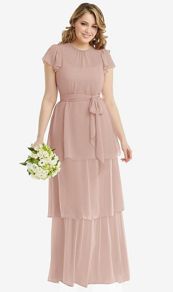 Front View - Toasted Sugar Flutter Sleeve Jewel Neck Chiffon Maxi Dress with Tiered Ruffle Skirt