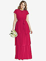 Front View Thumbnail - Vivid Pink Flutter Sleeve Jewel Neck Chiffon Maxi Dress with Tiered Ruffle Skirt
