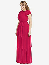 Side View Thumbnail - Vivid Pink Flutter Sleeve Jewel Neck Chiffon Maxi Dress with Tiered Ruffle Skirt