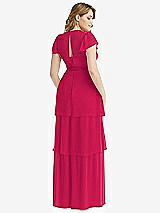 Rear View Thumbnail - Vivid Pink Flutter Sleeve Jewel Neck Chiffon Maxi Dress with Tiered Ruffle Skirt