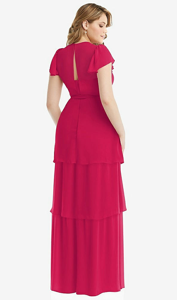 Back View - Vivid Pink Flutter Sleeve Jewel Neck Chiffon Maxi Dress with Tiered Ruffle Skirt