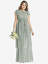 Front View Thumbnail - Willow Green Flutter Sleeve Jewel Neck Chiffon Maxi Dress with Tiered Ruffle Skirt