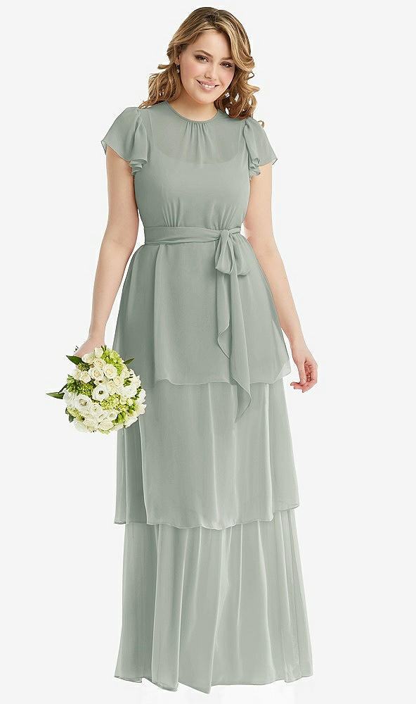 Front View - Willow Green Flutter Sleeve Jewel Neck Chiffon Maxi Dress with Tiered Ruffle Skirt