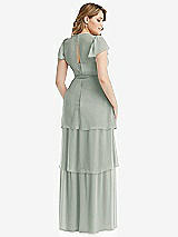 Rear View Thumbnail - Willow Green Flutter Sleeve Jewel Neck Chiffon Maxi Dress with Tiered Ruffle Skirt
