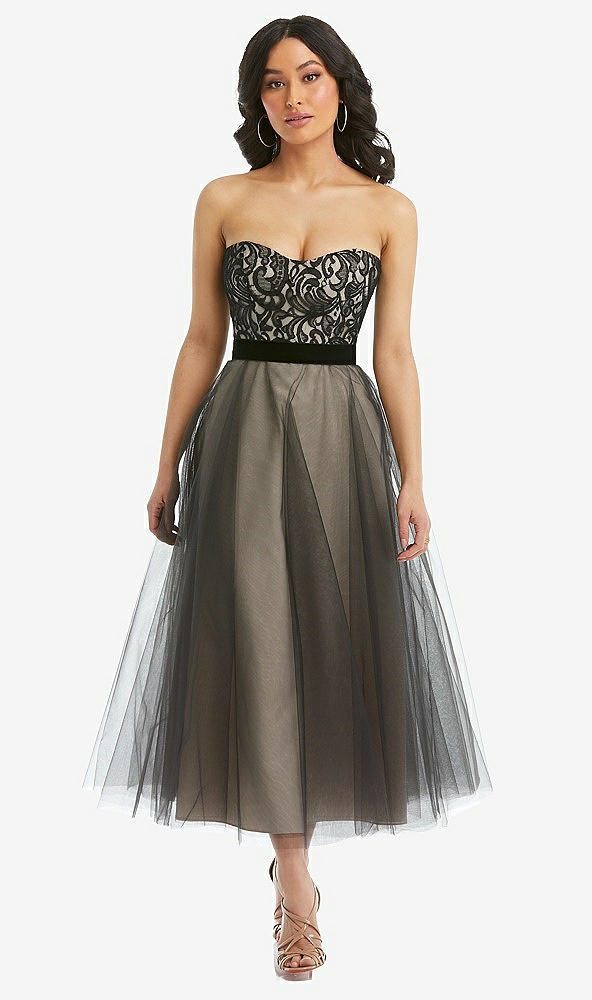 Front View - Cameo & Black Lace Bustier Bodice Ballet-Length Dress with Tulle Skirt
